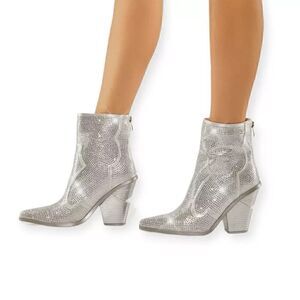 AZALEA WANG Soulard Rhinestone Western Bootie in Silver Size 8 NEW